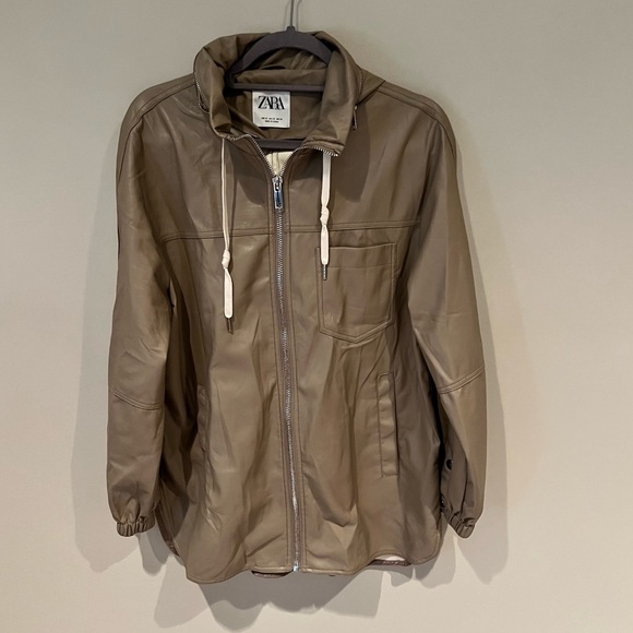 Zara Taupe Leather Hooded Zipper Jacket | XS - Picture 2 of 11